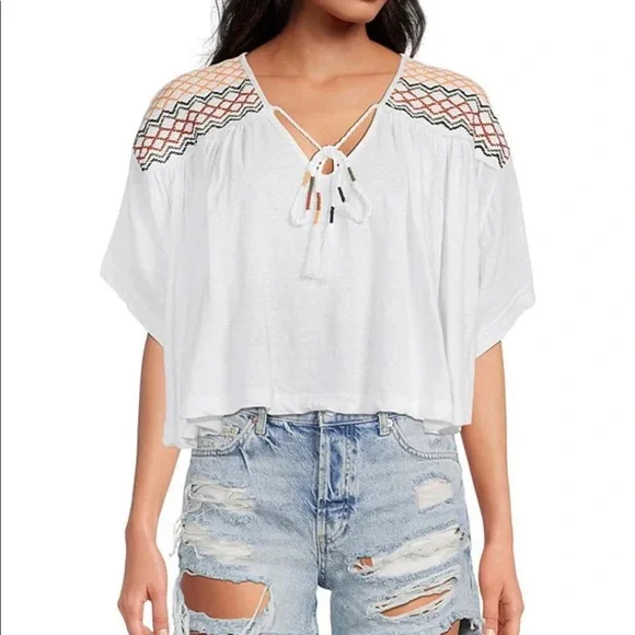 NWT Free People Market Embroidery Trim Tassel Tie V-Neck Dolman Sleeve Tee Med - Picture 3 of 9